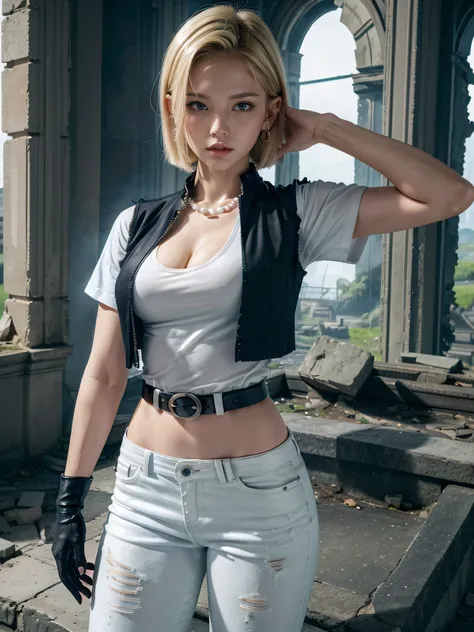 best quality, highres, and18, 1girl, android 18, solo, blonde hair, blue eyes, belt, jeans, pearl_necklace, bracelet, black gloves, white shirt, short hair, short sleeves, earrings, blue pants, ((open vest)), black vest, large breasts, (ruins:1.3), standin...