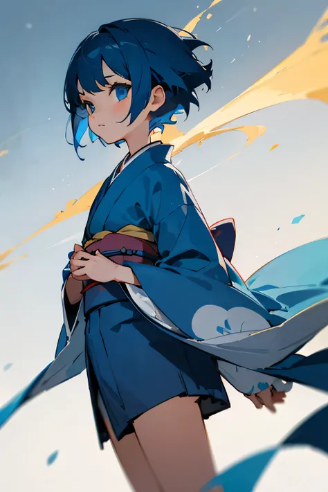 A  small girl having blue short hair and blue eyes wearing kimono 