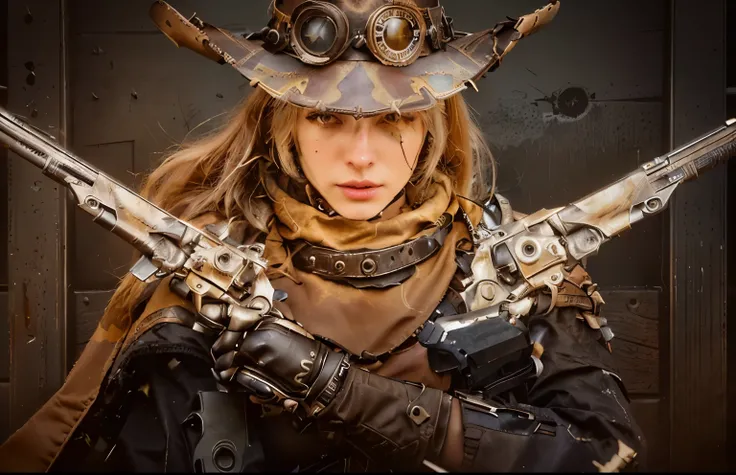  stuffy image of a woman with two weapons in her hands, post - apocalyptic cowgirl, western Gunman, Gunman,  western steampunk cyborg , Western cyberpunk , Ashe, Western Cyber , NCSOFT Leather, Beautiful Witch Cowgirl , Space Western , the Gunman, cowgirl,...