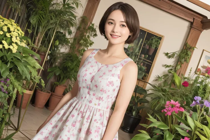 339 (20-year-old female, short hair), ( high image quality), (smile), ( Colorful Dress), ((Ariettis View of the World )), (BIG PLANTS ), (Dollhouse)