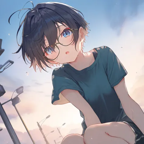 1girl, little female, tomboy, glasses, sweat, shorts,beautiful detailed eyes,open mouth,outdoors, wind, game CG, break,(artist:kazutake_hazano),artist:fujiyama,artist:Shirabi, break,(masterpiece), (best quality), (ultra-detailed),(Detailed Lighting), very ...