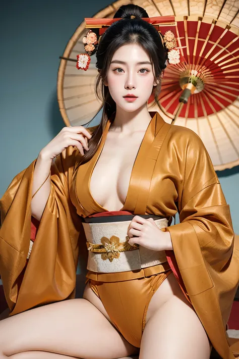 (Masseter muscle film、top quality、Ukiyo-e style、mystery、Exquisite and beautiful、official art、Sharaku:1.2)、(1 girl in:1.3)、(Fractal art:1.3)、cowboy shooting、fair skin、(beautiful brunette、kimono:1.2)、Set against the backdrop of traditional Japanese performin...