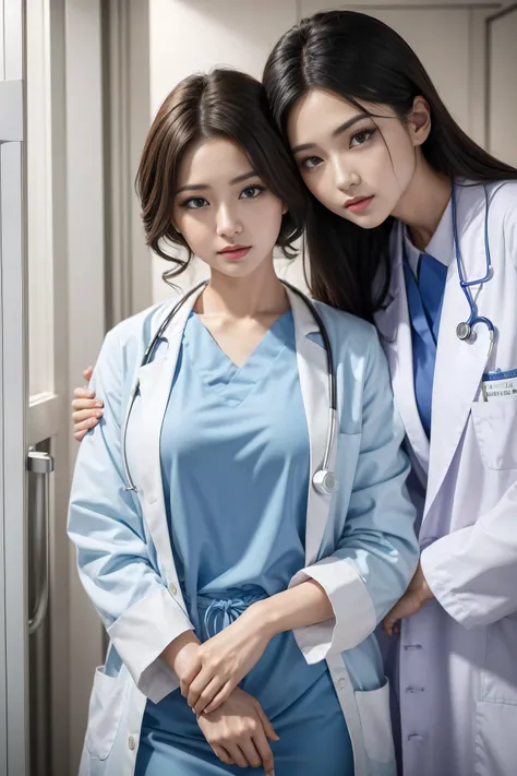  realistic beautiful doctors in the hospital、amazing beauty、Doctor&#39;s white coat, Collared shirt、( Top Quality 、8k、32K、masterpiece、nffsw:1.3)、超高分辨率,(Photorealism:1.4),Original Photography, 1 girl， K-pop idol ， Delicate Face ， big blue eyes ， Double eyel...