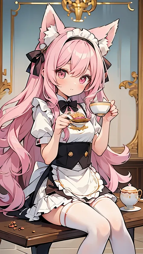  Pink Hair, long hair, wavy hair ,Curly Hair,  headband,  fox ears, Art Deco, Shine, Symmetric, throw,  anatomically correct, textured skin,  attention to detail,  top quality ,  super detailed , Maid,  cute girl, Im sitting at the table and having tea tim...