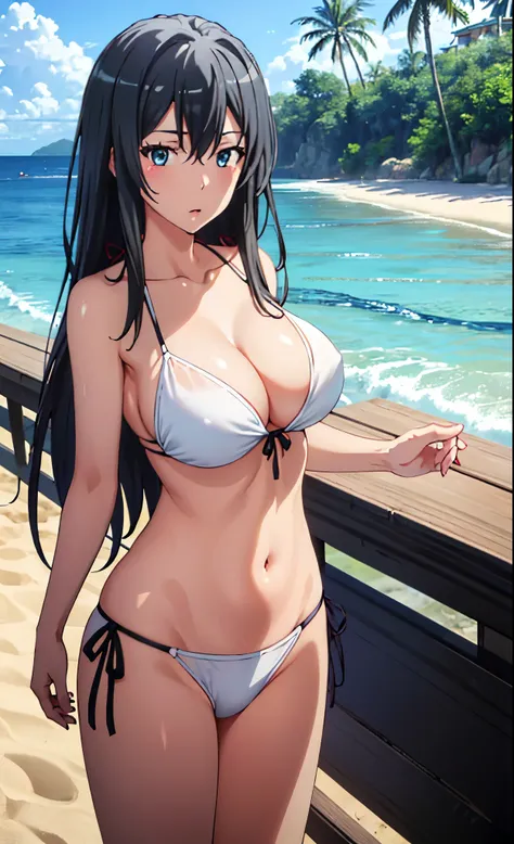 Masterpiece, best quality, highres, highly detailed, 1 girl, yukinoshita yukino, long hair, black hair, aqua eyes, large breast, white bikini, outdoor, beach background, perfect finger shape, the number of  is not excessive, the number of fingers is perfec...