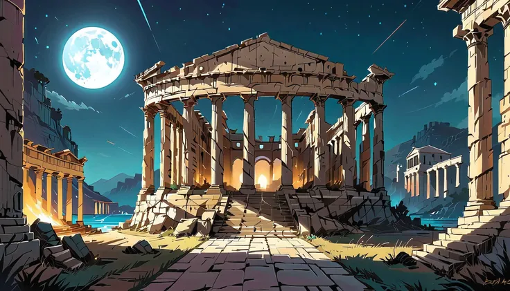 moonlight, a detailed ancient greek temple with greek columns, ancient greek gods statues, Colosseum, ancient greek fire, ancient greek island landscape, 8k, ultra-detailed, hyperrealistic, intricate, dramatic lighting, dramatic shadows, warm color tones, ...