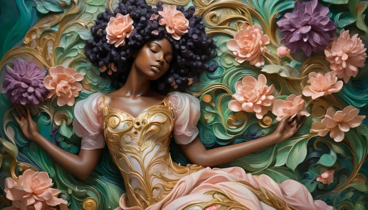 Paint a surreal, hyperrealistic acrylic artwork of a Black woman resting in an ethereal, dreamlike garden. The painting should feature thick impasto textures and 3D-like brushstrokes that bring the details to life, giving a tactile quality to the scene. Vi...