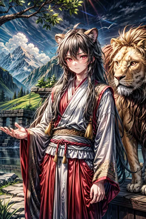 Anime boy with lion ear, long black hair, red eyes wearing modest ancient tibet outfit, nature background 