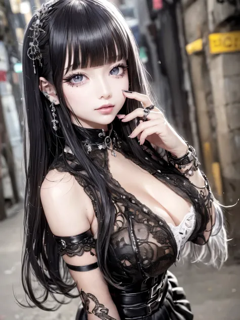 (( software ,  Masterpiece ,  top quality , Must-have items,  top quality , Highest Level,  highest image quality taken by Ki))、1girl、( gothic girly girl)、 Beautiful Lustrous Black Long Hair、 long white hair、 purple mesh 、blunt bangs、Flashy Hair、Rainbow Ey...