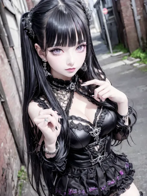 (( software ,  Masterpiece ,  top quality , Must-have items,  top quality , Highest Level,  highest image quality taken by Ki))、1girl、( gothic girly girl)、 Beautiful Lustrous Black Long Hair、 long white hair、 purple mesh 、blunt bangs、Flashy Hair、Rainbow Ey...