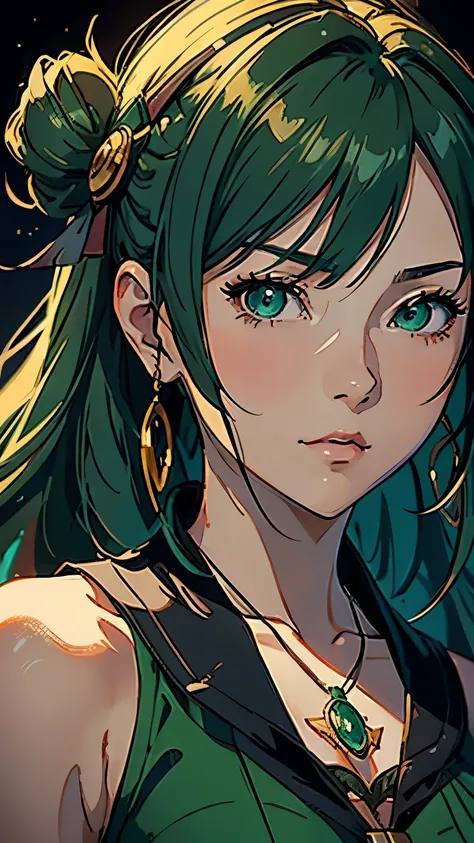  close-up of a woman in a green dress and necklace,  guweiz style artwork,  realistic anime 3d style in the style of Kantai Collection,  beautiful anime portrait,  ANIME REALISM STYLE ,  detailed portrait of an anime girl , Beautiful character painting, Ja...