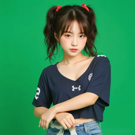 Highly detailed CG unity 8k wallpaper, Top Quality, A highly detailed, Masterpiece, realistic, Photorealistic, very detailed cute girl, (25 Years Old), blush, round eyes, Medium Tits, viewer, semi-body shot, fit crop-top football-shirt, tiny jeans short-p...