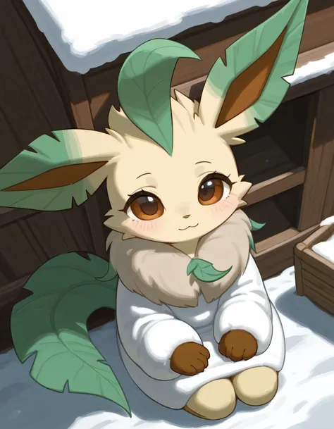 alone,   score_9,  score_8_above,  score_7_above,  Anthropomorphic Female Leafeon, Wearing winter clothes  ,  huge  , Cute body , Resting in a cabin   , afternoon,   Beauty view