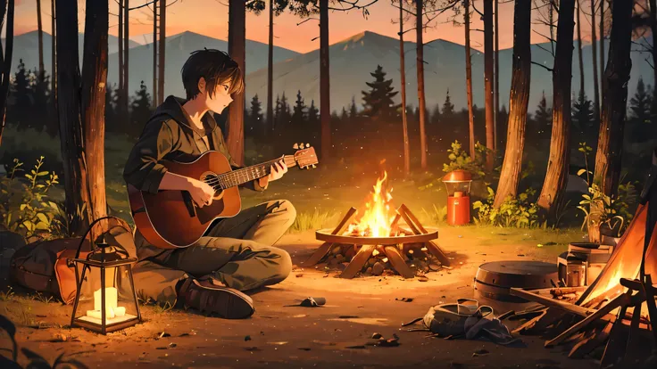  next to campfire There is a guitar and a lantern, [Camping , calm environment,  Relaxing environment , Outdoor environment ,  Set in natural environment , Campfire in the background,  Cozy environment ,  Barrel fire and tent ,  Comfortable Atmosphere Wrea...