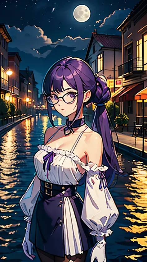 masterpiece,  top quality , Kentucky Fried Chicken drawn in a blender,  1 girl, 前hair, Naked_shoulder,  skirt, chest,  gloves, gem, big_chest, length_hair, length_sleeve ,  pantyhose,  Purple _eye,  Purple _hair,  shirt, Alone,viewer, moonglasses, bikini, ...