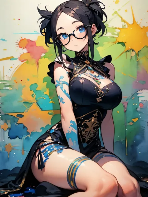 dutch angle,solo,sitting,black low pigtail,forehead,glasses, ribbon on hair, blue eyes, large breasts,wearing samba dance dress, carnival party,like a painting, watercolor painting style, The Art of Mathematics, Official Art, Masterpiece, beautiful, ((wate...