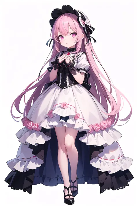 1girl, dark pink hair, long hair, pink eyes, white color dress, lolita costume, standing, put hands on body, full body shot, white background, looking at the camera, from front