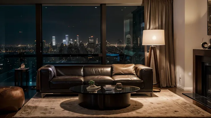 A breathtaking view of New York City through large floor-to-ceiling glass windows in a sophisticated, cozy apartment interior. The room features elegant, modern decor with a plush sofa over a comfortable carpet and a minimalist coffee table, soft warm ambi...