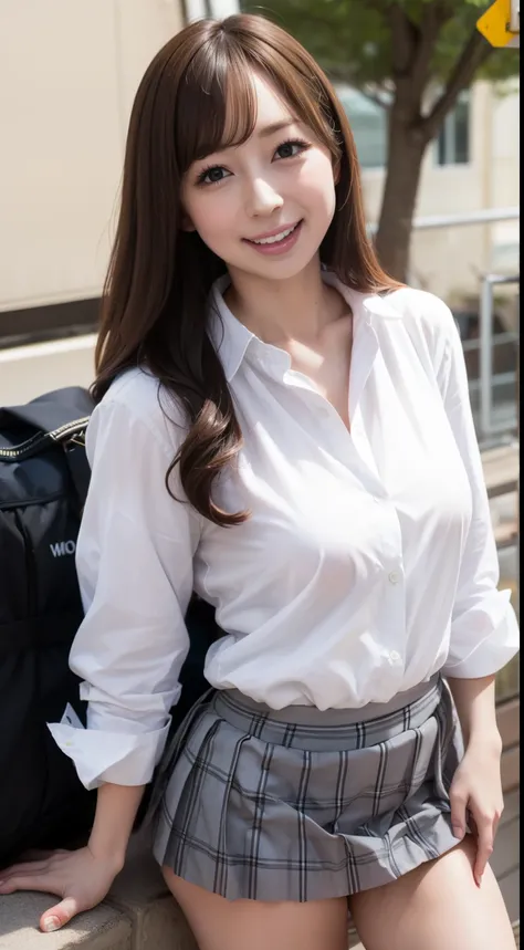 (High school girl:1.3), long hair, Laughter, ((Feminine charm, Pervert girl)), (Cleavage between breasts:0.7), (Uniform of white shirt and check mini skirt), Full body photo,