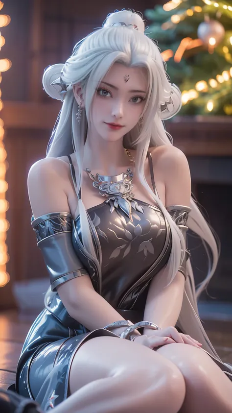 Best quality, masterpiece, ultra high resolution, Aesthetics and atmosphere, Film Grain, Soft Focus, Bokeh, masterpiece realistic volumetric light,1 girl, star shaped pupils,White hair, curls, giggle, (freckle:0.8), thigh, (Shiny:1.3) ,black dress,Christma...