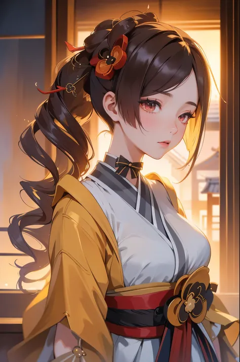 [chiori gi]:1.5,((masterpiece,highest quality,Highly detailed images,Beautiful images))1.4(chiori images、large breasts, japanese old houses、The wind is blowing、Overall dim lighting、Backlight、A fantastic atmosphere、Thick Fog、Dust flutters)1.3,(Close-up imag...