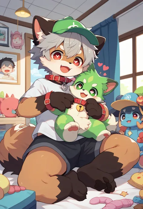   very detailedな,  very detailed,  brown fur gray hair  ,boy with dark brown fur ,骨を見て excited,Heart Eye,participate, green、white、And a multicolored hat ,  cute face, sitting!,Red collar,Black Ear ,  something like fluffy fur, excited,Horny boy,美しいroom,roo...