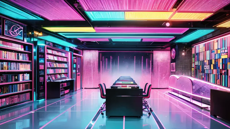 " Create a vibrant and stylish music sales room ,  with a retro disco atmosphere .  The room is filled with furniture such as bookshelves , tables and displays ,  all filled with records of vinyl and vinyl articles related to music .  The walls have neon l...