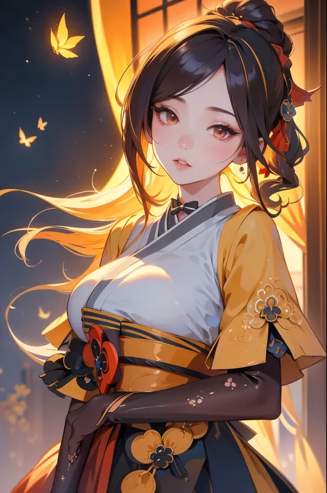 [chiori gi]:1.5,((masterpiece,highest quality,Highly detailed images,Beautiful images))1.4(chiori images、large breasts, japanese old houses、The wind is blowing、Overall dim lighting、Backlight、A fantastic atmosphere、Thick Fog、Dust flutters)1.3,(Close-up imag...
