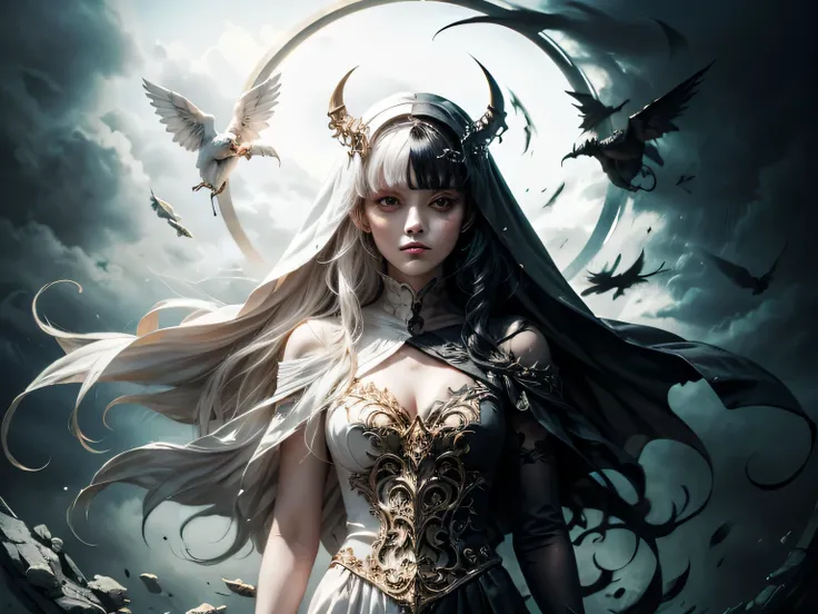 (masterpiece:1.2), (best quality:1.2), (high detailed:1.2), (absurdres:1.2), (detailed clothing:1.2), intricate details, simple background

BREAK

Representatif a adult woman face with dualisme, split theme, multicolored hair, heterochromia, split-color ha...