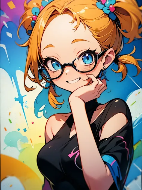 dutch angle,solo,30years old,adult woman,close up upperbody,black low pigtail,forehead,glasses, ribbon on hair, blue eyes, beautiful  breasts+,grin,offshoulder sexy  Sarong+, carnival party,like a painting, watercolor painting style, The Art of Mathematics...