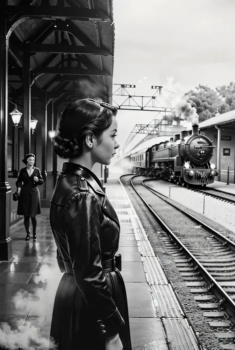 (( Monochrome 、 a scene from a 1950s movie、 Photorealistic 、Realistic))、( Europe、Terminal、terminal、Steam locomotive、 platform 、train、evening、Young Woman、Farewell、Life、trainに乗り込む女性)