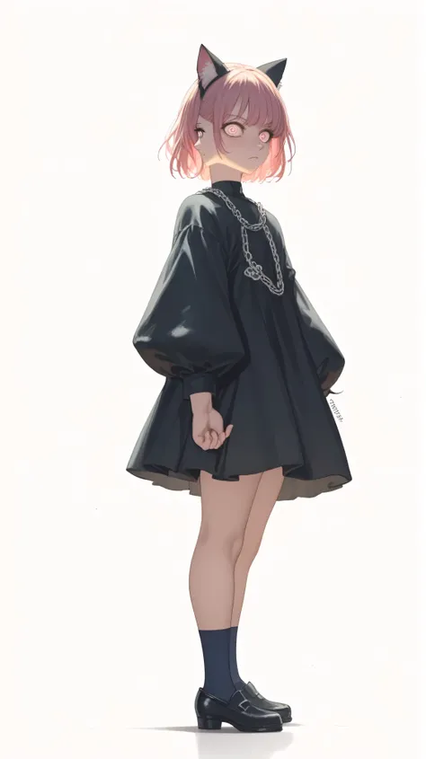 Anime girl (ethnicity:1.1), (age:1.1), wearing a black oversized dress with pink lettering, black cat ears (accessories:1.1),  black shoes, and dark blue socks, (detailed clothing:1.2),  (facial features:1.3): large eyes, slight blush, pink hair, (expressi...