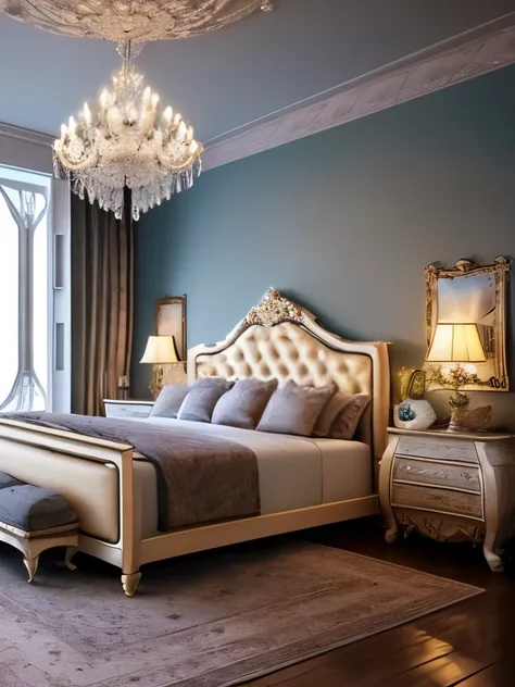 arafed bedroom with a bed, a chandelier, a mirror, and a chandelier, dreamy atmosphere and drama, dreamy and detailed, sleeping beauty fairytale, very magical and dreamy, lavish rococo baroque setting, dreamy atmosphere, beautiful render of a fairytale, # ...