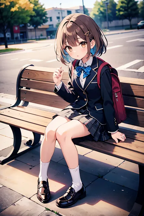 (( top quality)), ((masterpiece)), (   Details),   1 girl,    Female Middle School Student 、Bob style hair  、  Im sitting on a park bench wearing a plain knit and hanging my hair on one ear 、 One side braid 、 Hair color ash brown   、  blazer style uniform ...