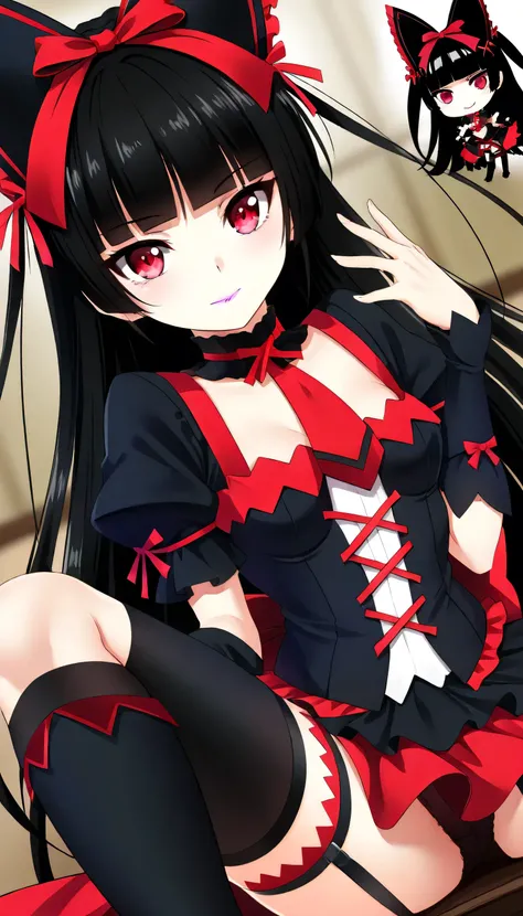 ( upper body:1.3), Rory Mercury,  long hair,  black hair, ( red eyes:1.3), bangs, blunt bangs, hime cut, knee-high, bow, ribbon, hair ribbon,  garter strap,  dress, black  dress,  puffy sleeves, frills, Separate sleeves,  ties, red  ties, lipstick, purple ...