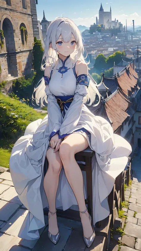 (( top quality 、 complete anatomy、Five fingers、Full Arms、 Details)),woman,(((日本人woman、Alone, slightly brownish white hair 、Hair that goes up to the shoulders 、 Fantasy Outfit 、royal dress 、Thin dress、 White Dress 、Strong winds、sitting,spread legs,windup sk...