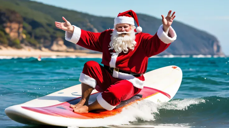 Santa Claus on a surfboard