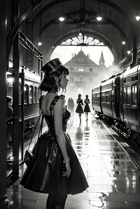 (( Monochrome 、 a scene from a 1950s movie))、( Europe、Terminal、terminal、Steam locomotive、 platform 、train、evening、Young Woman、Farewell、Life、trainに乗り込む女性)