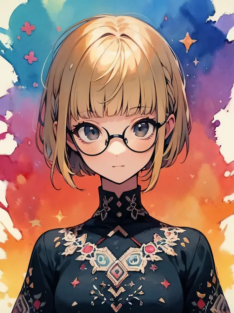 dutch angle,solo,30years old,adult woman,close up upperbody,blonde pixie cut,undercut,(blunt bangs),black eyes,glasses,  Ukraina embroidery smock dress, beautiful breasts+,offshoulder, like a painting, watercolor painting style, The Art of Mathematics, Off...