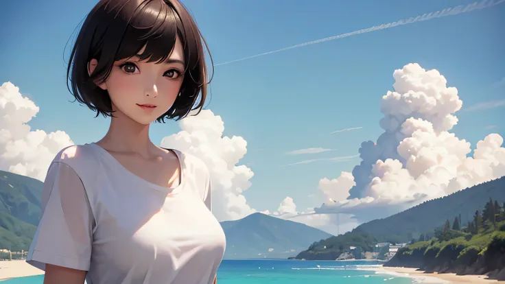 masterpiece,  top quality ,  high definition , 1girl, Japanese woman,SoloBrunette, Shortcut Hair ,  dark eyes, Delicate eyelashes,T-Shirts,summer,cloud, Fantastic Backgrounds,  Smile Without Showing Teeth , standing with different breasts ,sharp focus