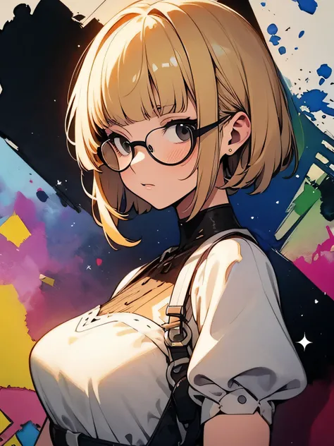 dutch angle,solo,16years old,close up upperbody,blonde pixie cut,undercut,(blunt bangs),black eyes,glasses,  (offshoulder),sexy Choli, beautiful breasts+, like a painting, watercolor painting style, The Art of Mathematics, Official Art, Masterpiece, beauti...