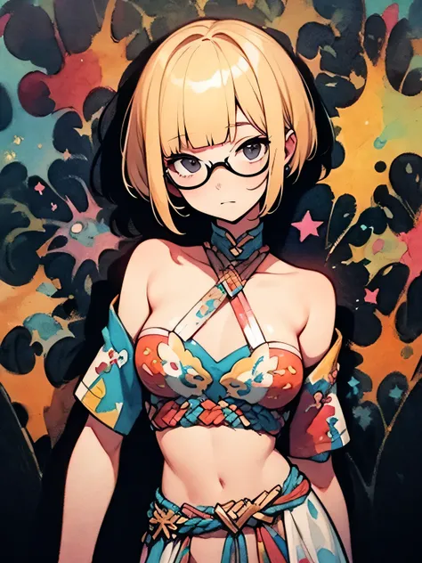 dutch angle,solo,16years old,close up upperbody,blonde pixie cut,undercut,(blunt bangs),black eyes,glasses,  (offshoulder),sexy loincloth, beautiful breasts+, like a painting, watercolor painting style, The Art of Mathematics, Official Art, Masterpiece, be...