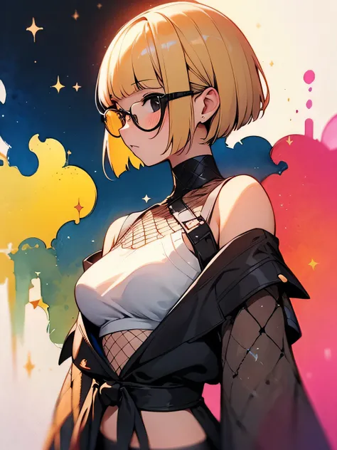 dutch angle,sideview+,solo,16years old,close up upperbody,blonde pixie cut,undercut,(blunt bangs),black eyes,glasses,  (offshoulder),sexy fishnet tights loincloth, beautiful breasts+, like a painting, watercolor painting style, The Art of Mathematics, Offi...