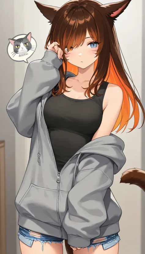 masterpiece,1girl, colored inner hair Brown hair orange hair, cat_ears, gray oversized hoodie,  inner tank top , Hair on one eye, Long hair tips, Miqote, damage short denim