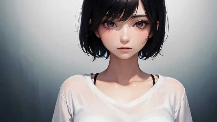 masterpiece,  top quality ,  high definition , 1girl, Japanese woman,solo, black hair, Shortcut Hair ,  dark eyes, Delicate eyelashes,T-Shirts, whisper of love , dark, Fantastic Backgrounds