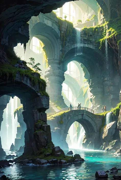 "A magical cave with cascading waterfalls illuminated by soft, glowing lights. The interior of the cave is lush with vibrant green vegetation, colorful flowers, and hanging vines. The pool of water at the base reflects the sparkling light, creating a seren...