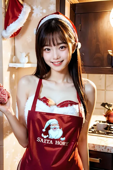  cute face like an 18-year-old idol　 smiles gently　Whole body　(((very horny and sexy Santa apron)))　  cleavage 　 kitchen　live-action　High Artistic Quality　 RAW photos 　Genuine