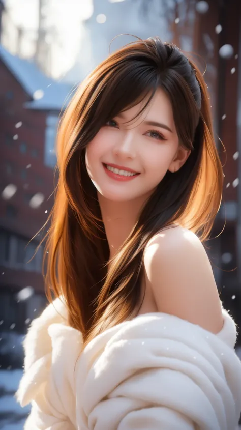 (Aesthetic, High Resolution: 1.2), beautiful 20 year old woman wearing an intricately detailed red boby Santa Claus costume, symmetrical costume structure, bright eyes, cheerful smile , hairstyle changes, snow is falling, snow in hair. Professional photogr...