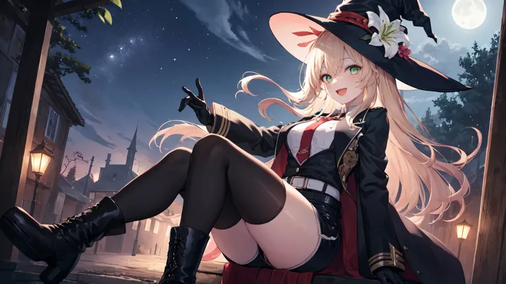 best quality, integrated scenery, integrated background, extremely delicate and beautiful, meticulous details, good composition, , cute face, perfect face, perfect hands,masterpiece, best quality, witch hat, black gloves, thighhighs, looking at viewer, smi...