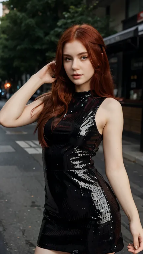 Girl White Skin, Red Hair with Black sequin dress 